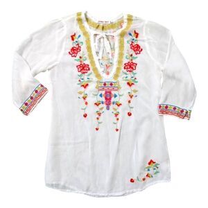Johnny Was White Embroidered Tunic Size XS Floral Red Green Blue Lightweight